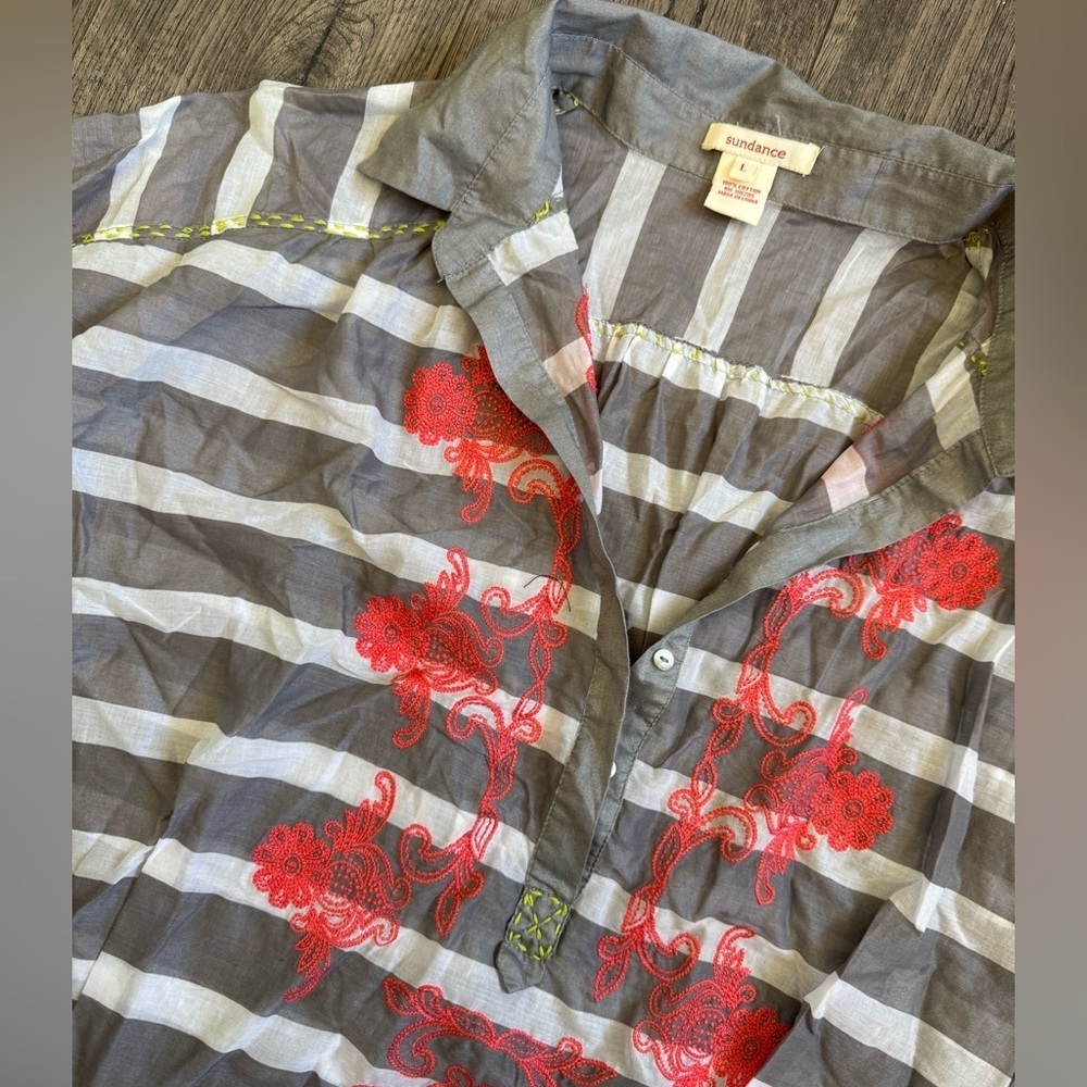 Sundance Cotton Striped Embroidered Pop Over Top- Size Large - Picture 3 of 5